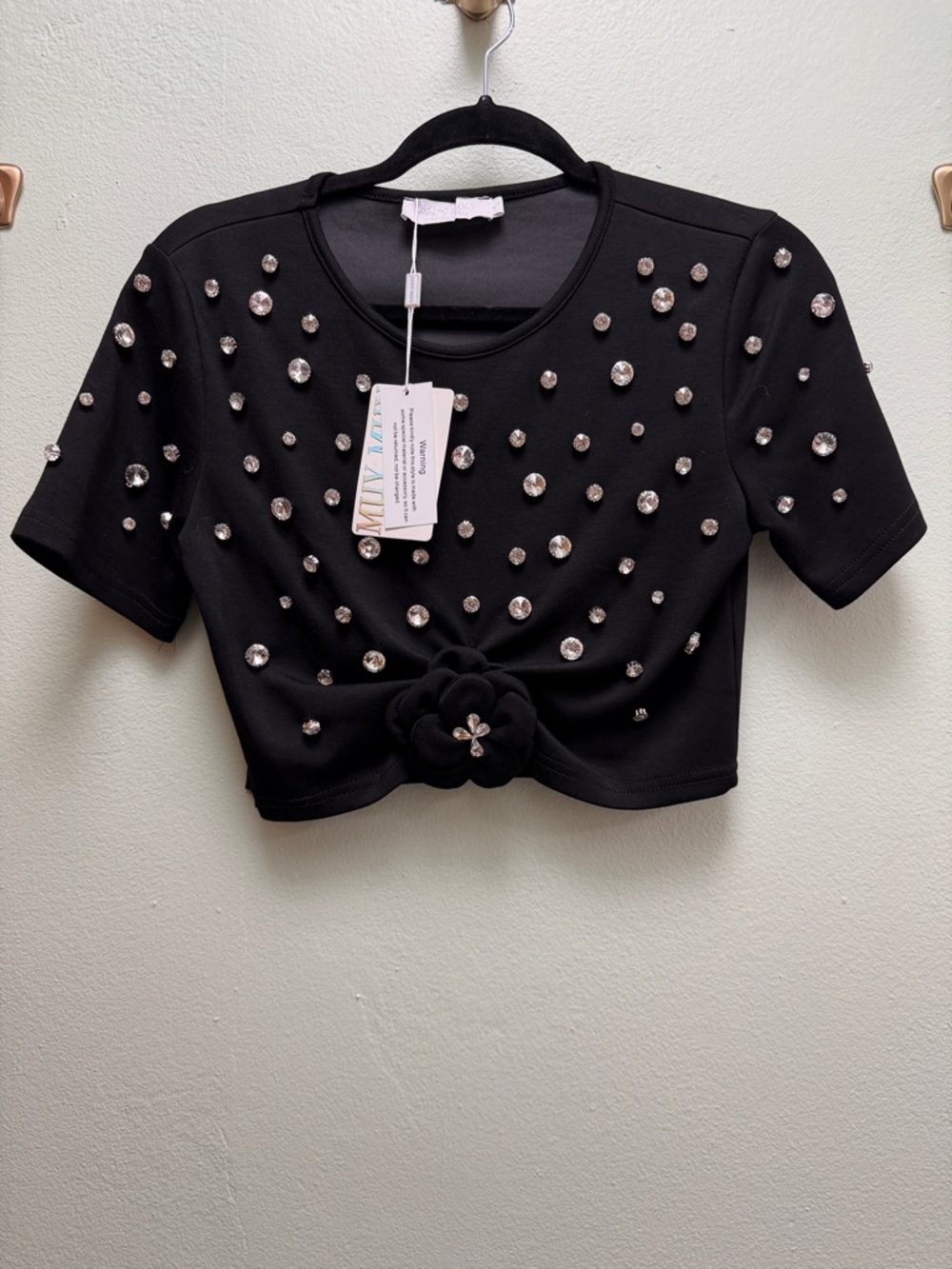 Embellished Black Crop Top with Front Floral Accent